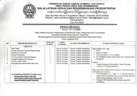 Rekruitmen Calon Peserta Pelatihan BLKPP DIY Tahun 2020