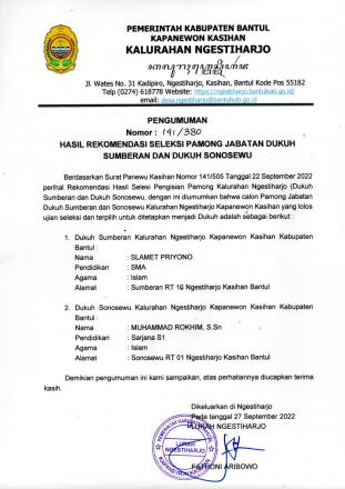 Pengumuman Hasil Rekomendasi Pamong