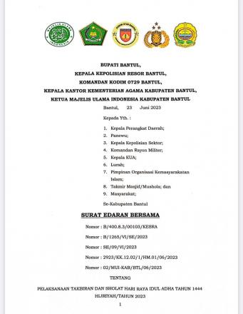 Surat Edaran Bersama tentang Pelaksanaan Takbiran dan Sholat Hari Raya Idul Adha